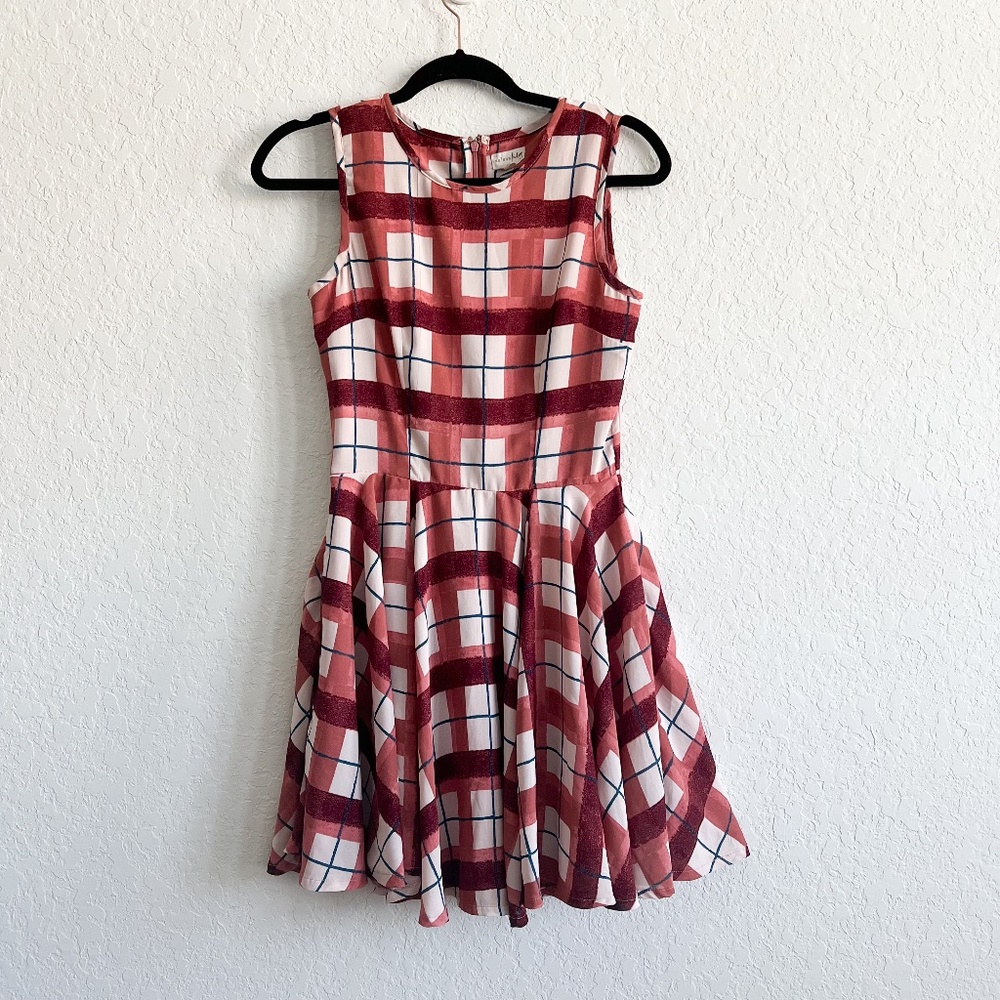 Maison Jules Burgundy and Pink Plaid Sleeveless Dress - Size Small